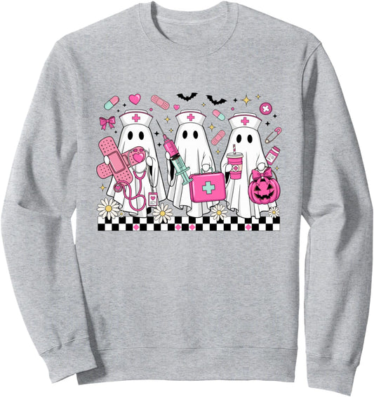 Checkered Floral Nurse Halloween Ghost ER Nurse Boo Boo Crew Sweatshirt