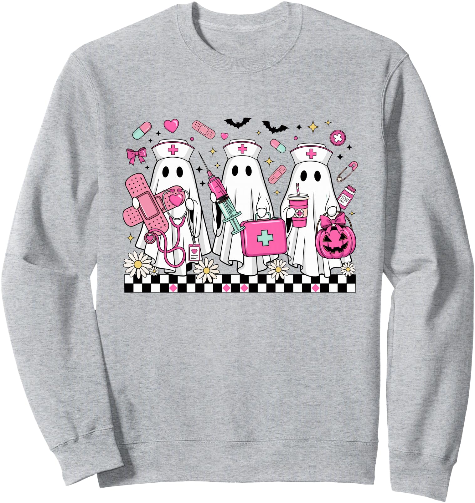 Checkered Floral Nurse Halloween Ghost ER Nurse Boo Boo Crew Sweatshirt