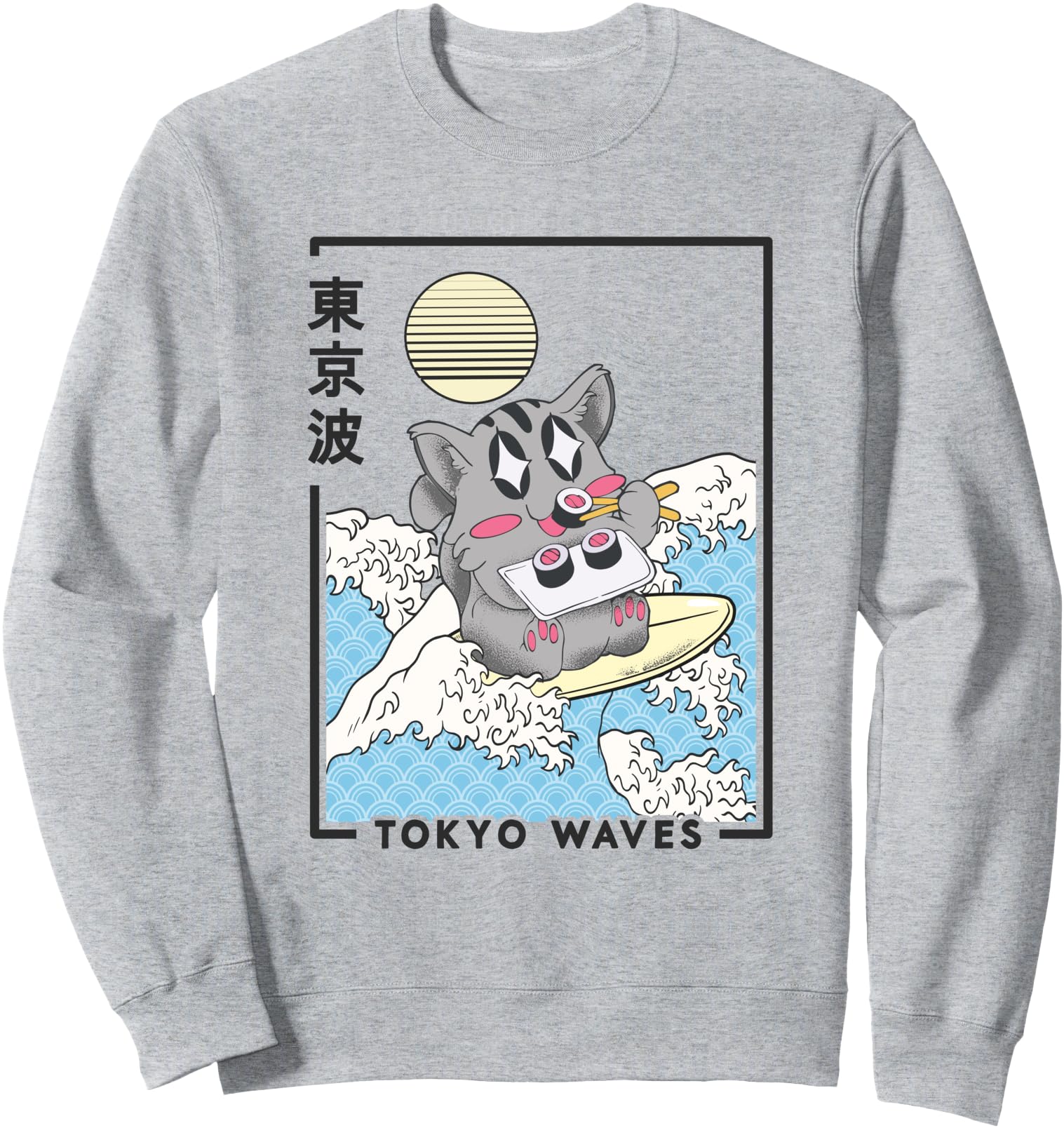 Happy Cat Eating Sushi Japanese Waves Kawaii Aesthetic Cat Sweatshirt