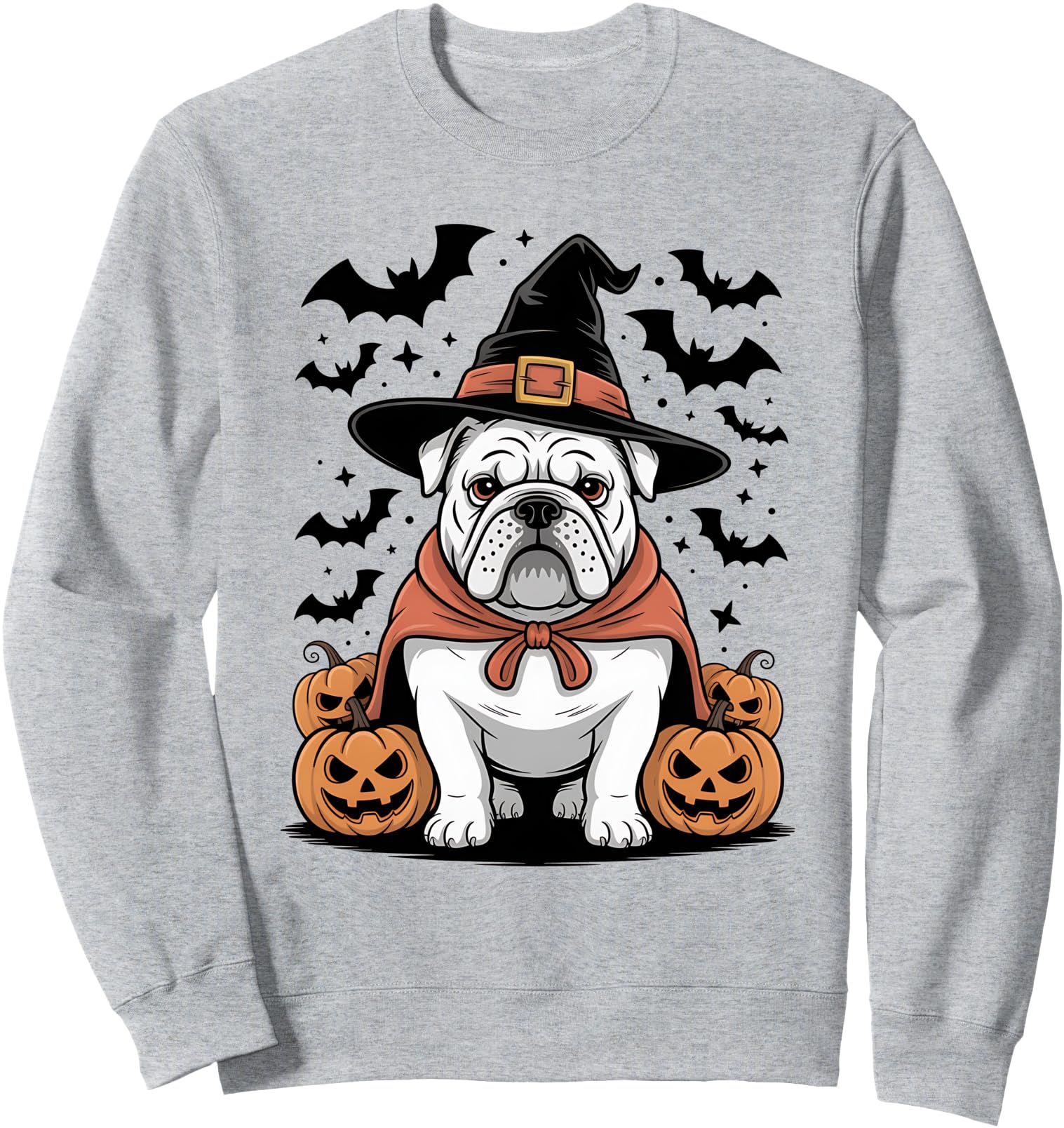 White English Bulldog Witch Hat Pumpkins Spooky Halloween Sweatshirt