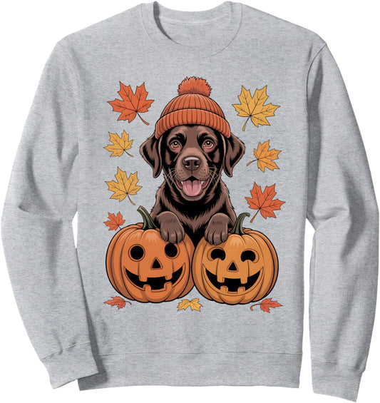 Chocolate Labrador Cozy Beanie Pumpkins and Autumn Leaves Sweatshirt