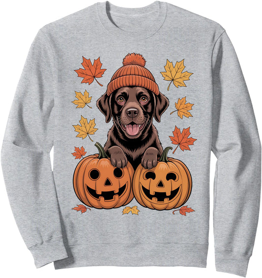 Chocolate Labrador Cozy Beanie Pumpkins and Autumn Leaves Sweatshirt