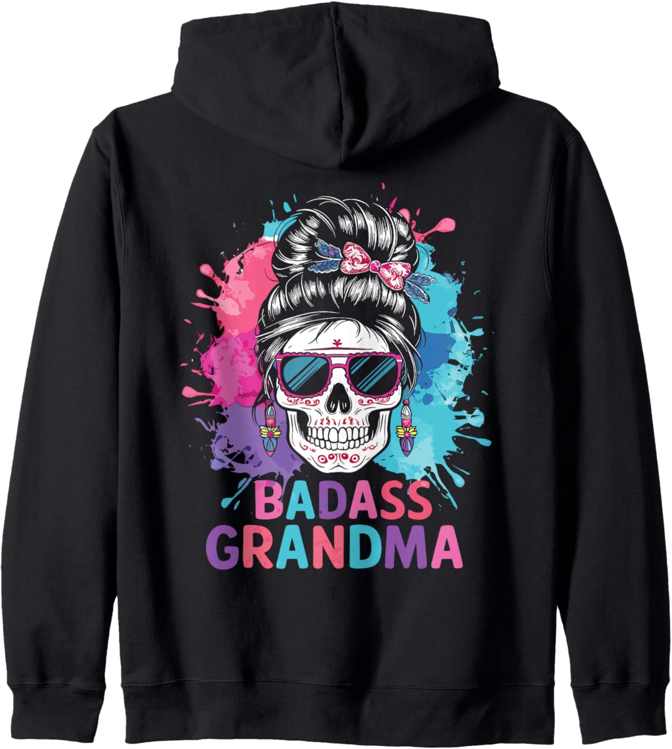 Funny Badass Grandma Messy Bun Skull for Grandmother Zip Hoodie