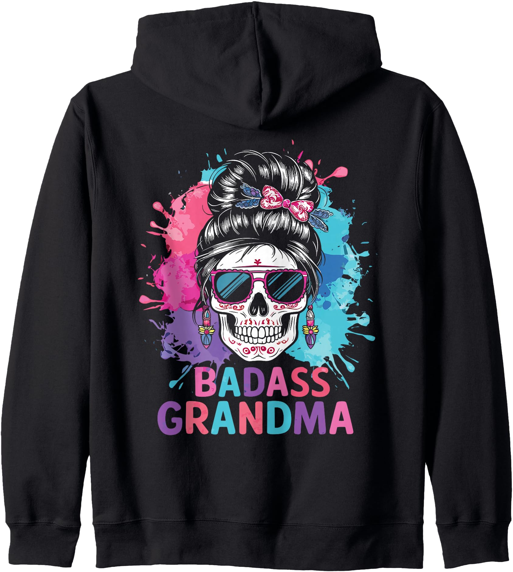 Funny Badass Grandma Messy Bun Skull for Grandmother Zip Hoodie
