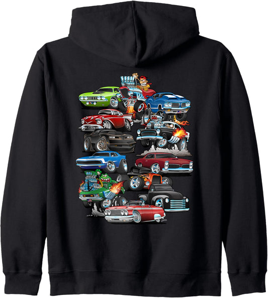 Car Madness! Muscle Cars, Classic Cars and Hotrods Cartoon Zip Hoodie