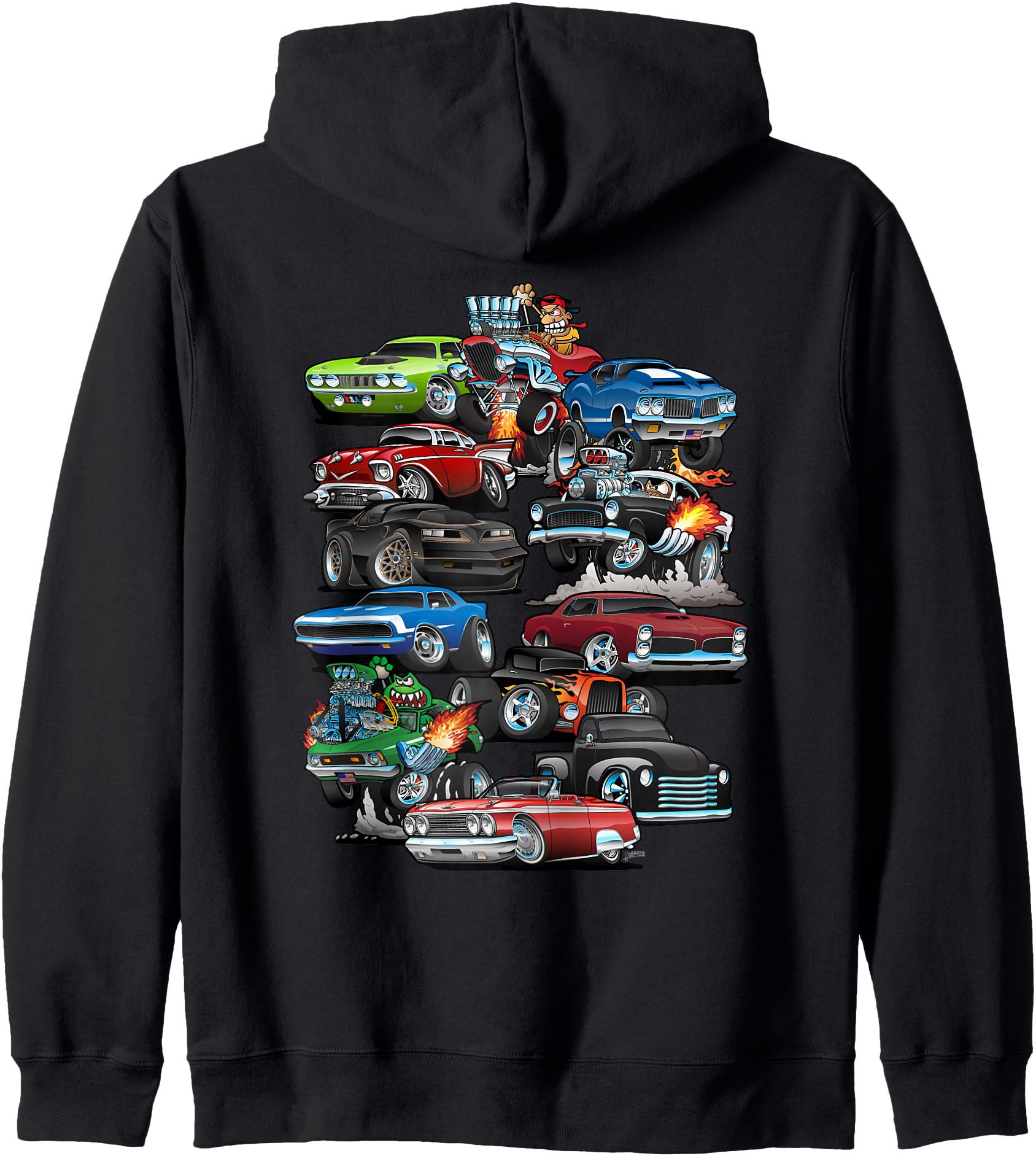 Car Madness! Muscle Cars, Classic Cars and Hotrods Cartoon Zip Hoodie