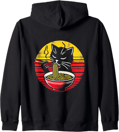 Anime Cat Ramen Japanese Funny Graphic Tees Kawaii Cat Anime Zip Hoodie