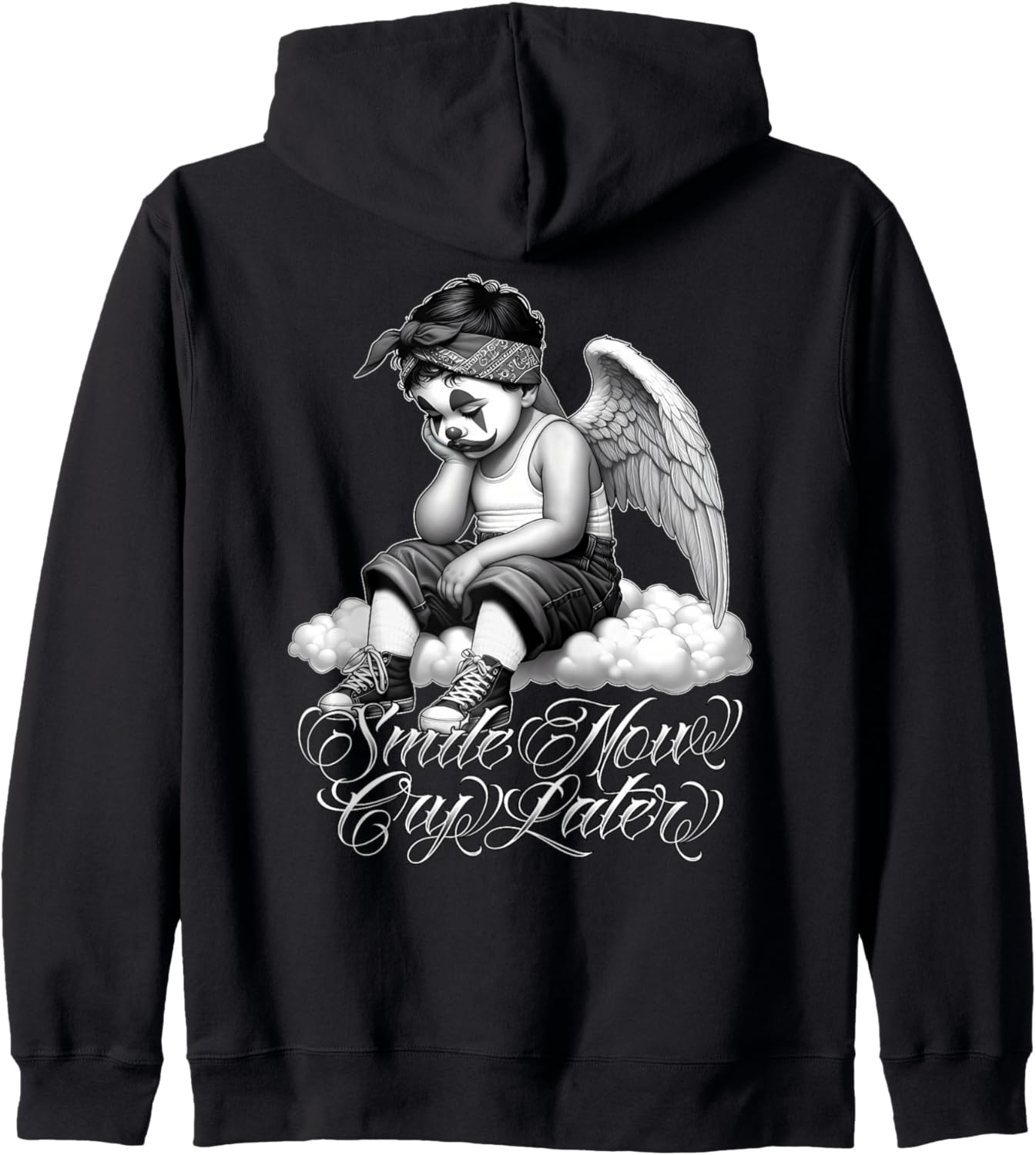 SMILE NOW CRY LATER Angel Payaso Cholo Chola Tattoo Chicano Zip Hoodie