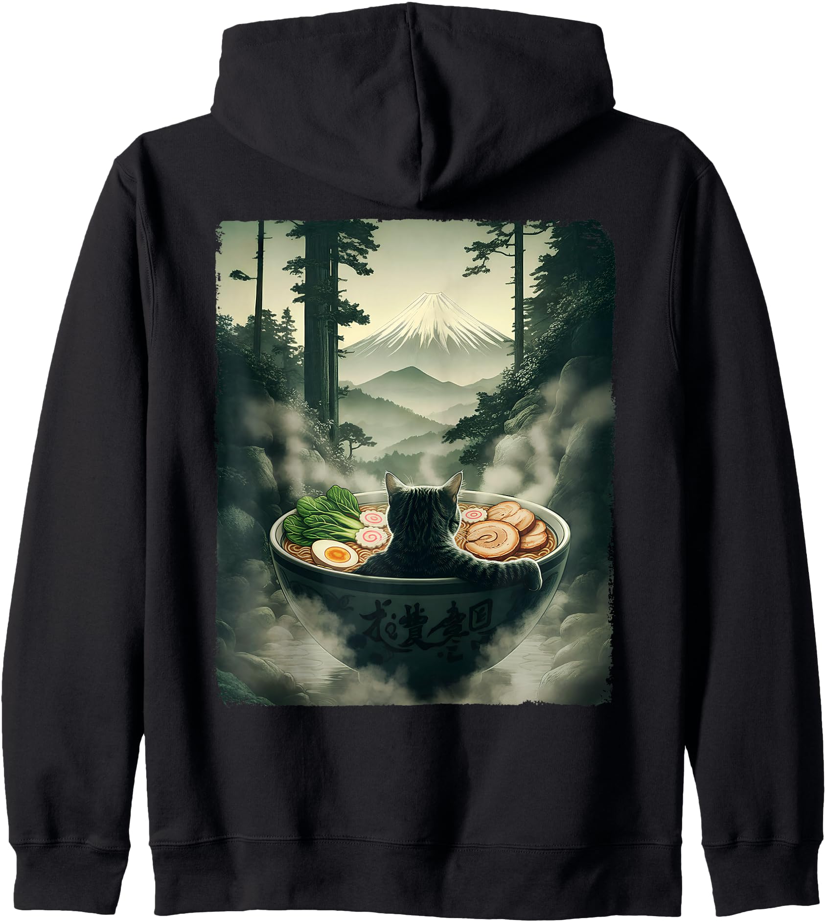 Cat Ramen Mount Fuji Zen Aesthetic Funny Japanese Graphic Zip Hoodie