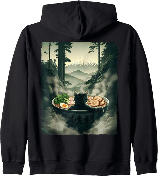 Cat Ramen Mount Fuji Zen Aesthetic Funny Japanese Graphic Zip Hoodie