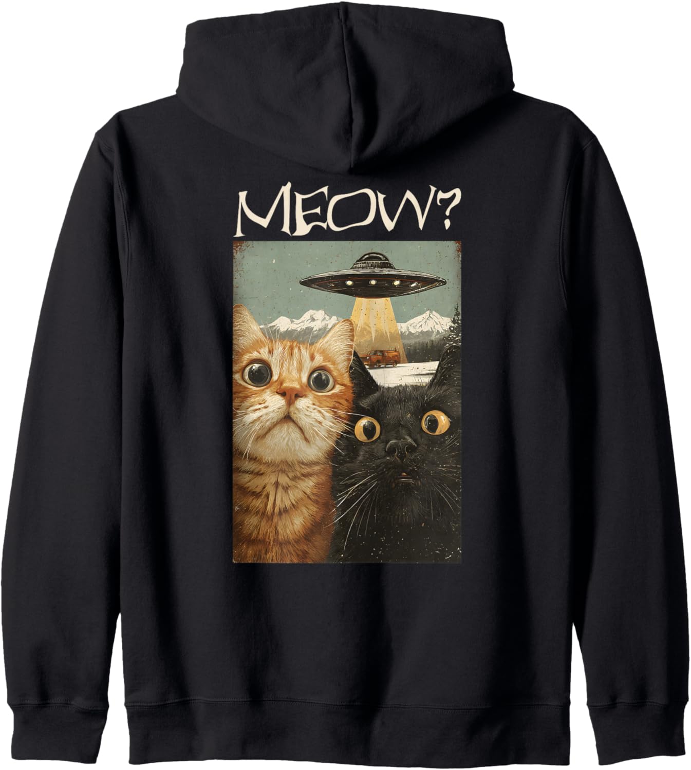 Meow? Funny Cats & UFO Vintage Cat Lovers Alien Spaceship Zip Hoodie