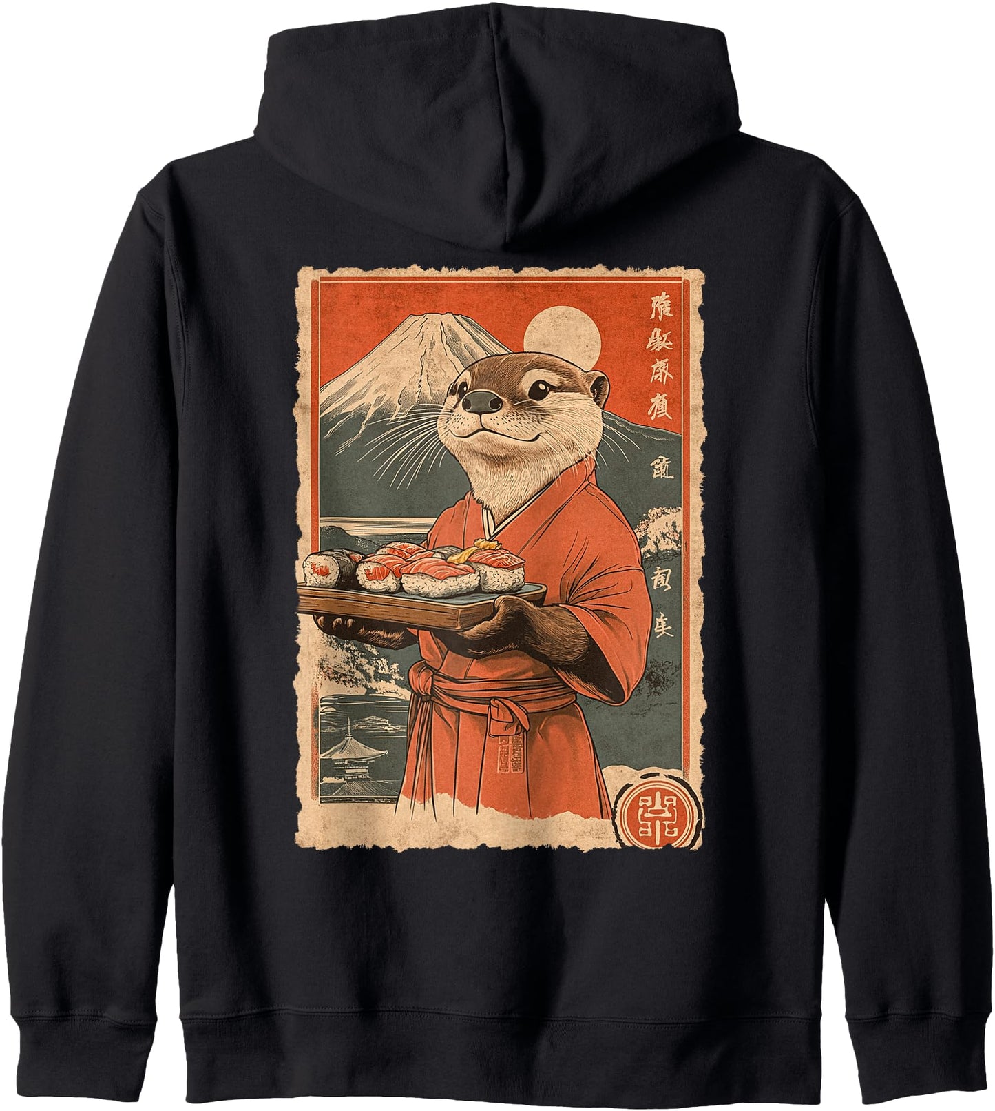 Funny Vintage Japanese Food Art Cute Sea Otter Sushi Chef Zip Hoodie