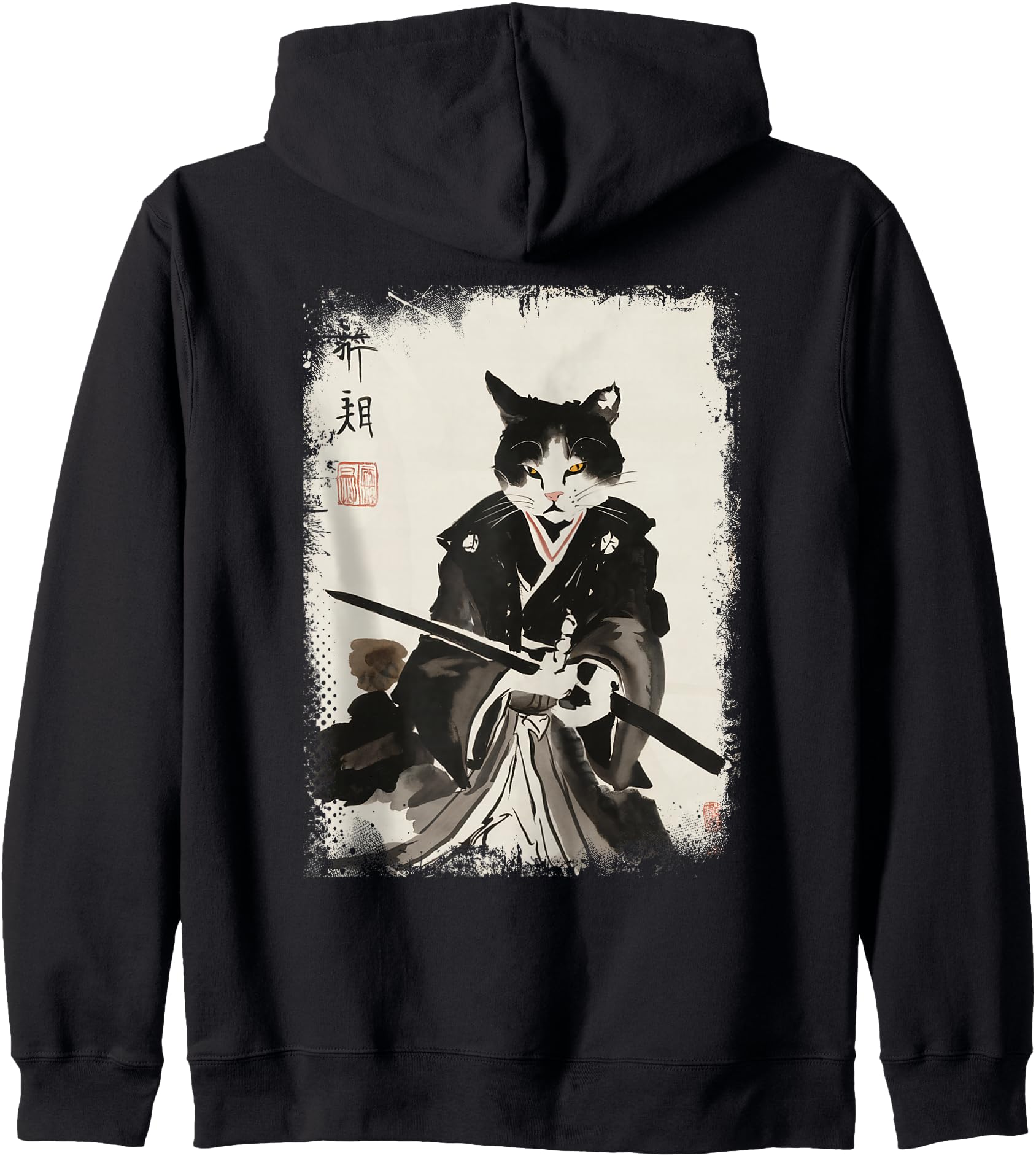 Cat Samurai Warrior Vintage Ukiyo-e Art Japanese Katana Zip Hoodie