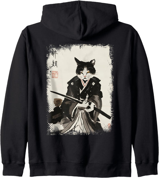Cat Samurai Warrior Vintage Ukiyo-e Art Japanese Katana Zip Hoodie