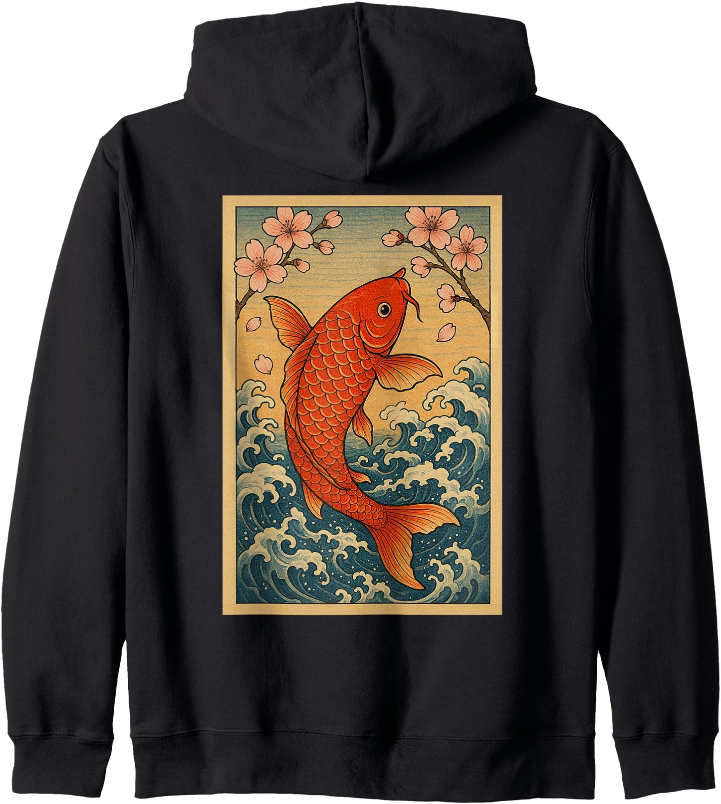 Koi Fish Waves Cherry Blossom Japanese Style Zip Hoodie