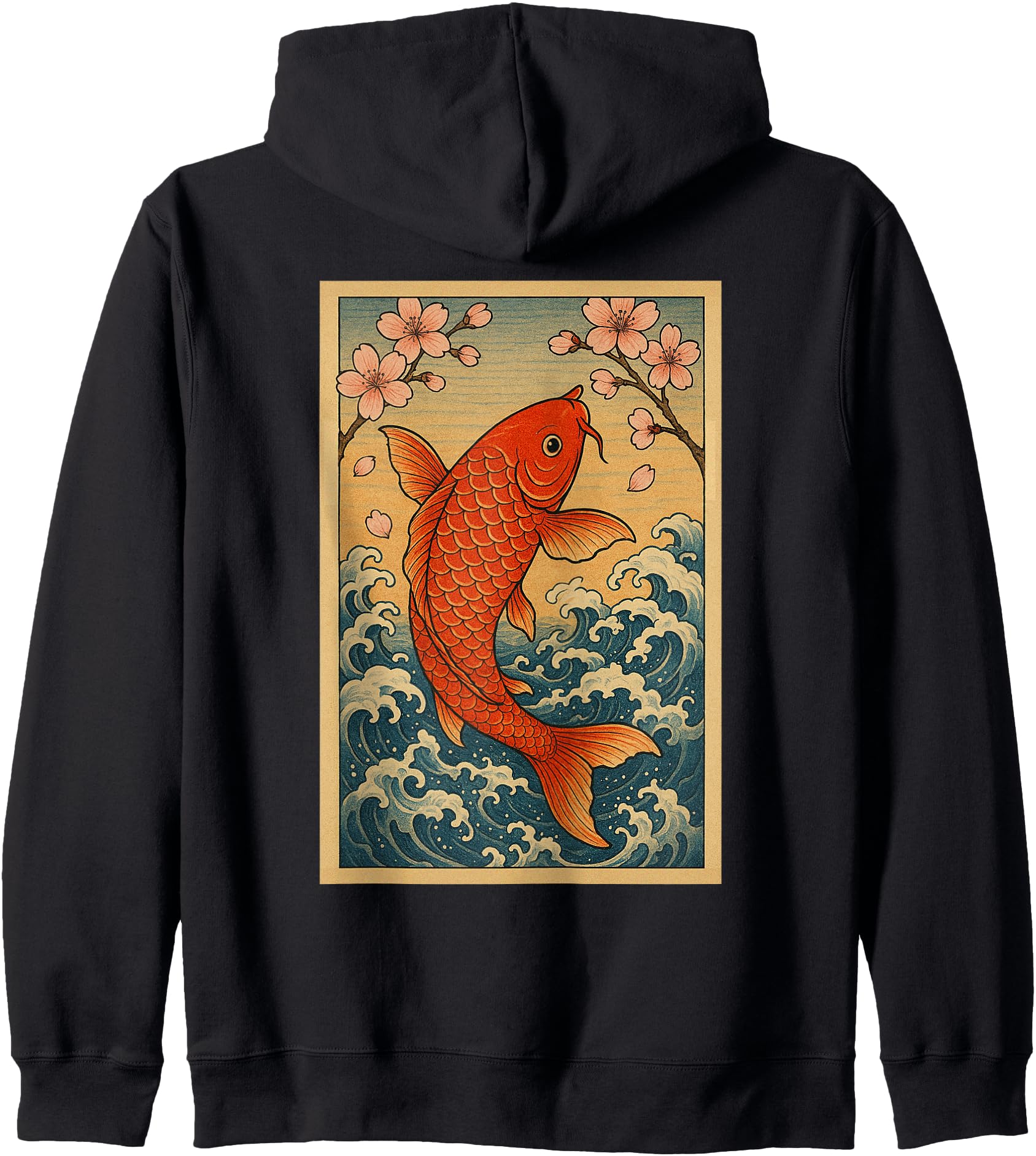 Koi Fish Waves Cherry Blossom Japanese Style Zip Hoodie