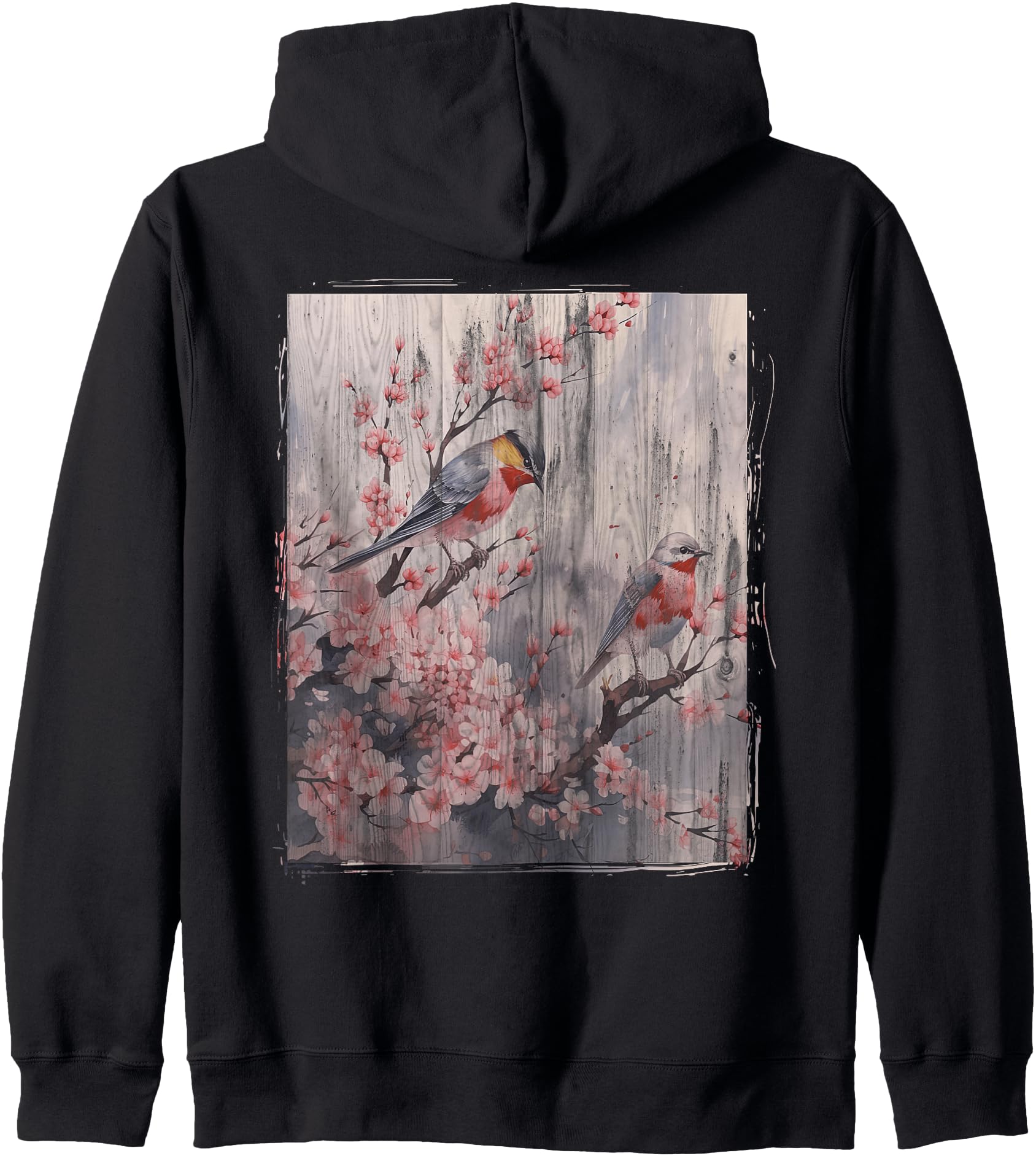 Vintage Japanese Woodblock Cherry Blossom Landscape Graphic Zip Hoodie