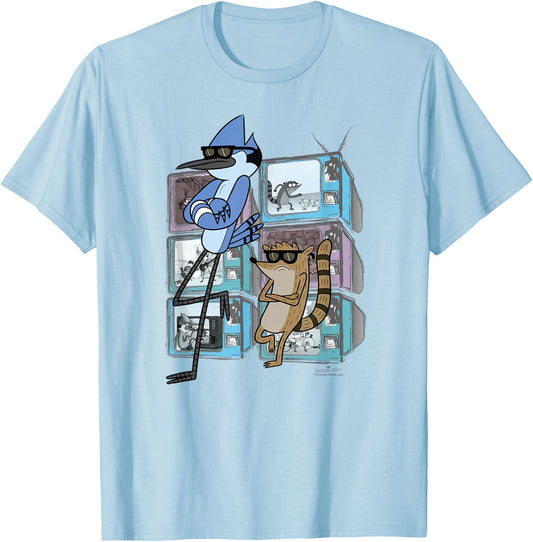 Cartoon Network Regular Show Mordecai and Rigby TV Too Cool Unisex-Adults Blue Small Modern V-Neck Long Sleeve T-Shirt with Ribbed Cuff