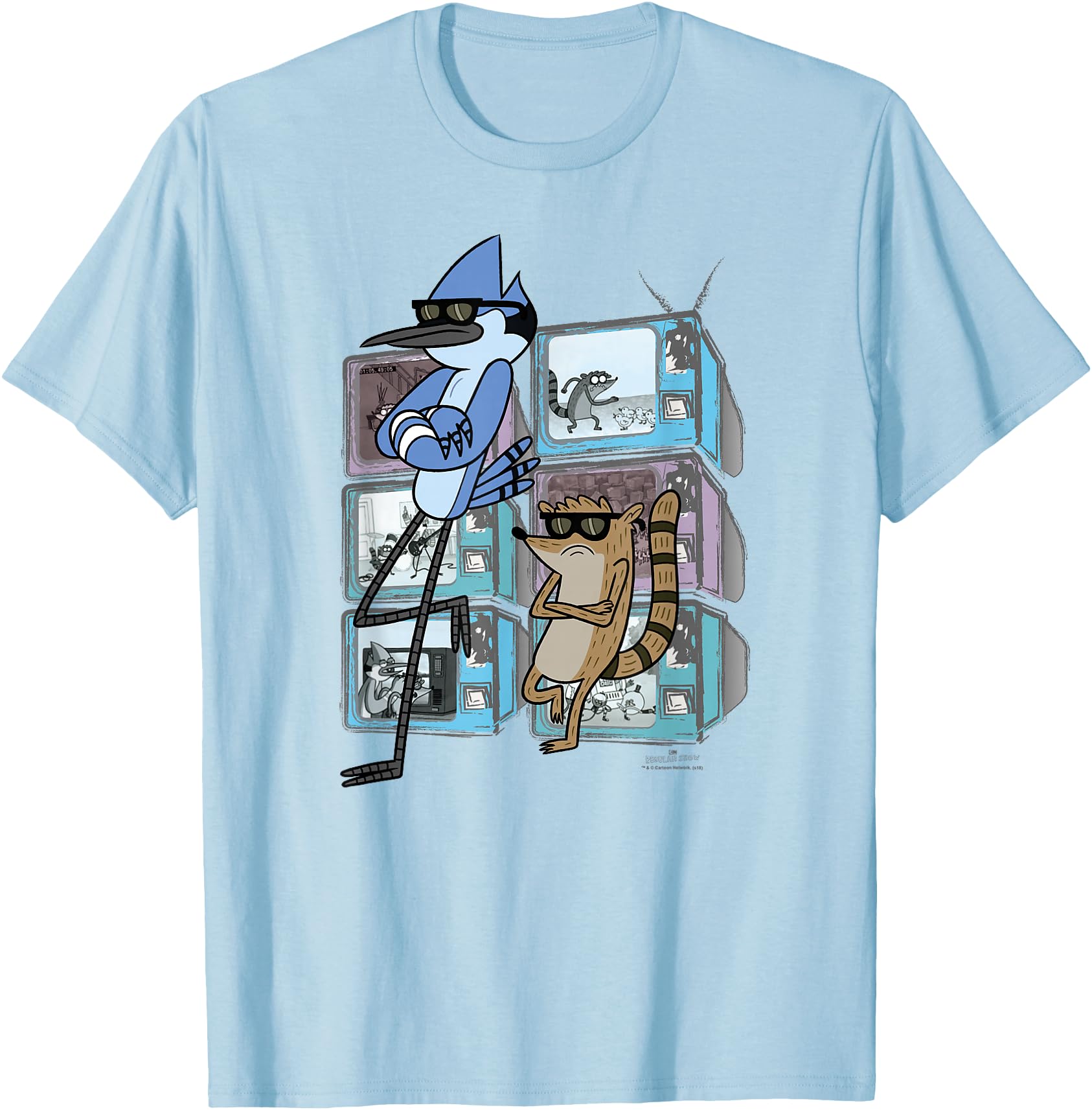 Cartoon Network Regular Show Mordecai and Rigby TV Too Cool Unisex-Adults Blue Small Modern V-Neck Long Sleeve T-Shirt with Ribbed Cuff