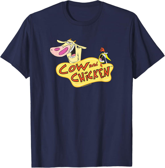 Cartoon Network Cow and Chicken Logo T-Shirt, Men's Unisex Adult Blue Short Sleeve V Neck T-Shirt, Small