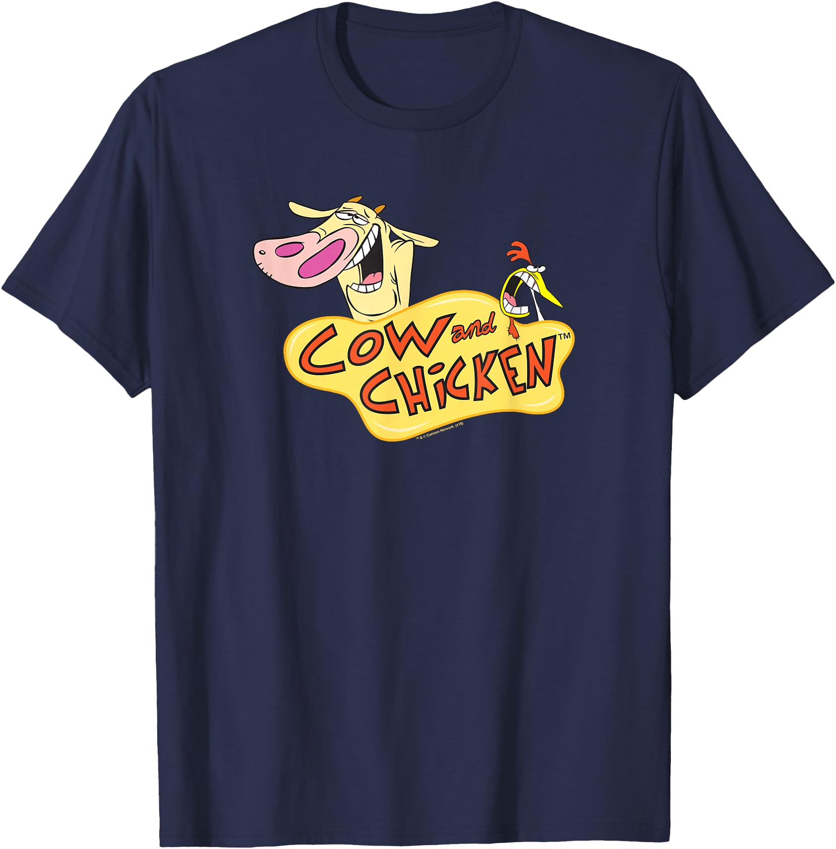 Cartoon Network Cow and Chicken Logo T-Shirt, Men's Unisex Adult Blue Short Sleeve V Neck T-Shirt, Small