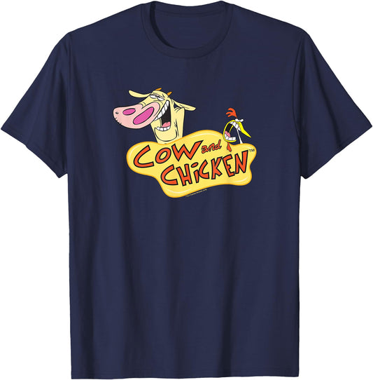 Cartoon Network Cow and Chicken Logo T-Shirt, Men's Unisex Adult Blue Short Sleeve V Neck T-Shirt, Small