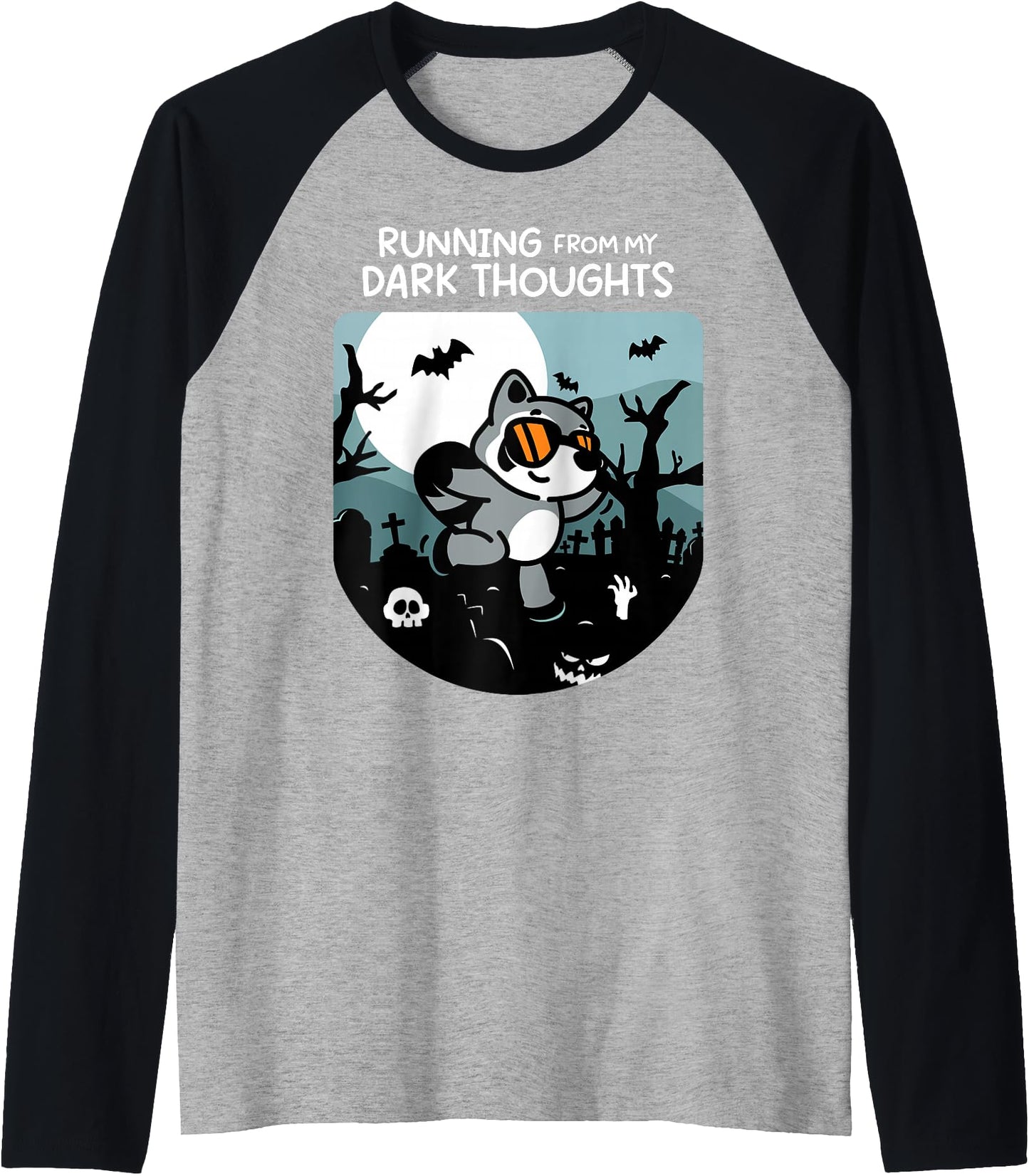 Running from My Dark Thoughts Funny Raccoon Halloween Raglan Baseball Tee