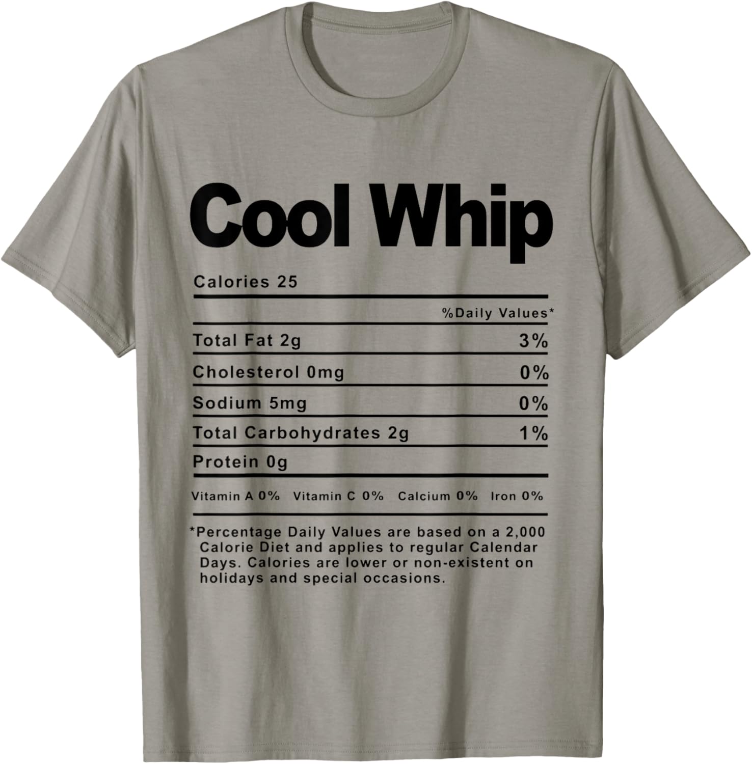 Nutrition Facts Thanksgiving Xmas Costume Clothing Adult Unisex T-Shirt Grey Small Crew Neck Short Sleeve Thanksgiving Xmas Costume Nutrition Facts Cool Whip