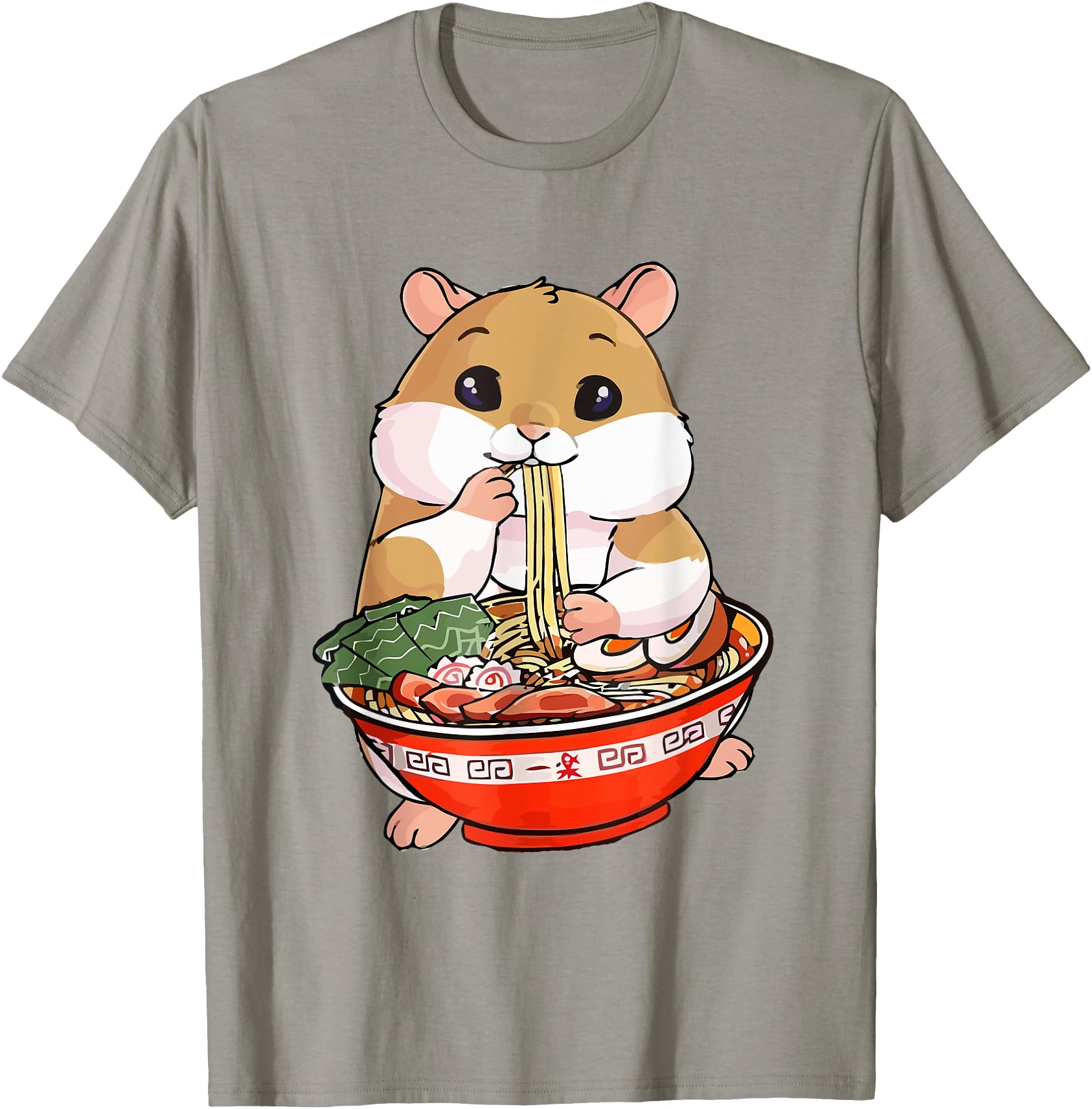 Kawaii Hamster Eating Ramen Noodles Anime DM Girls Unisex Grey Short Sleeve Cotton Polyester
