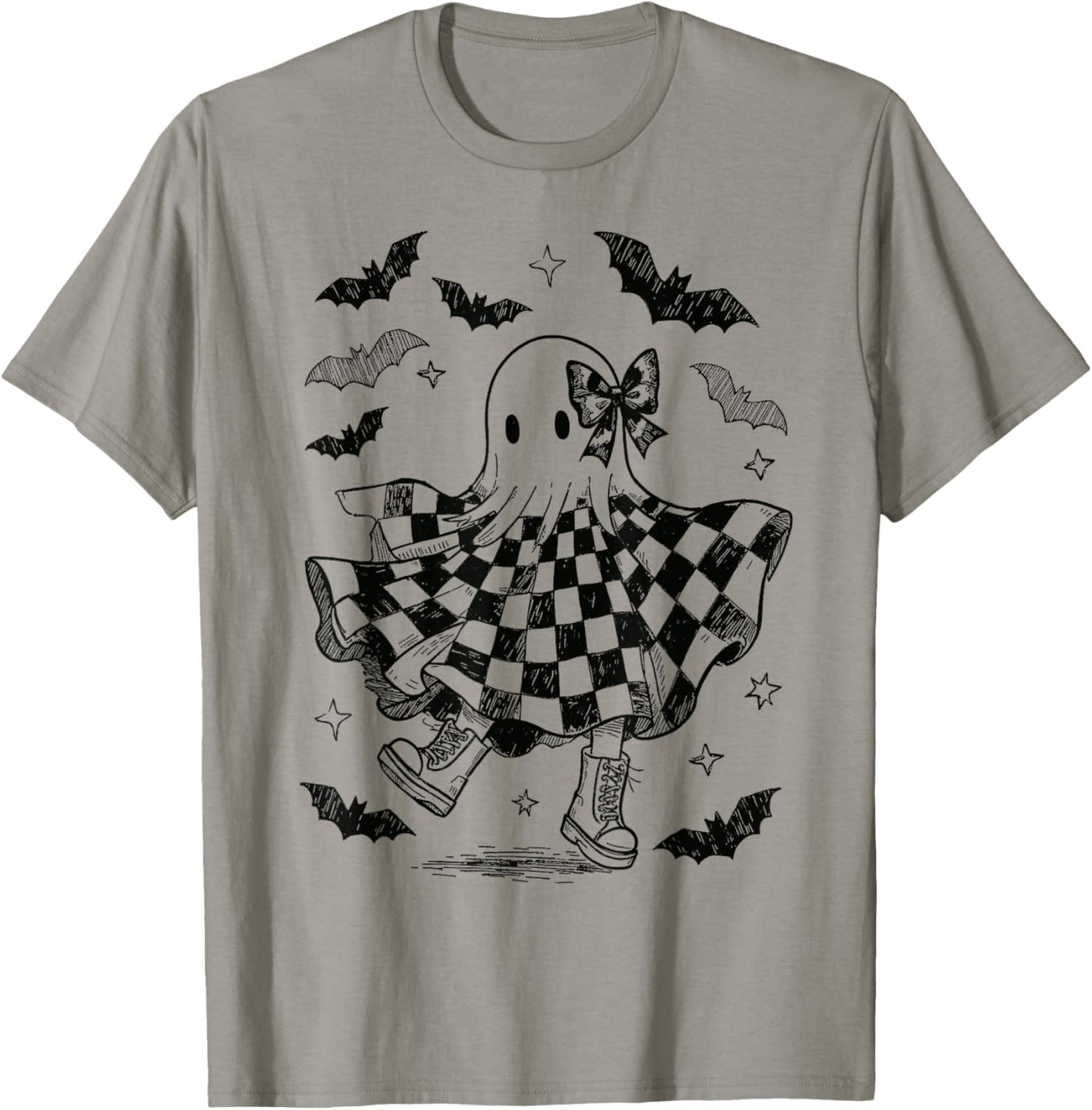 Checkered Boo Ghost Halloween Coquette Bow Spooky Season T-Shirt