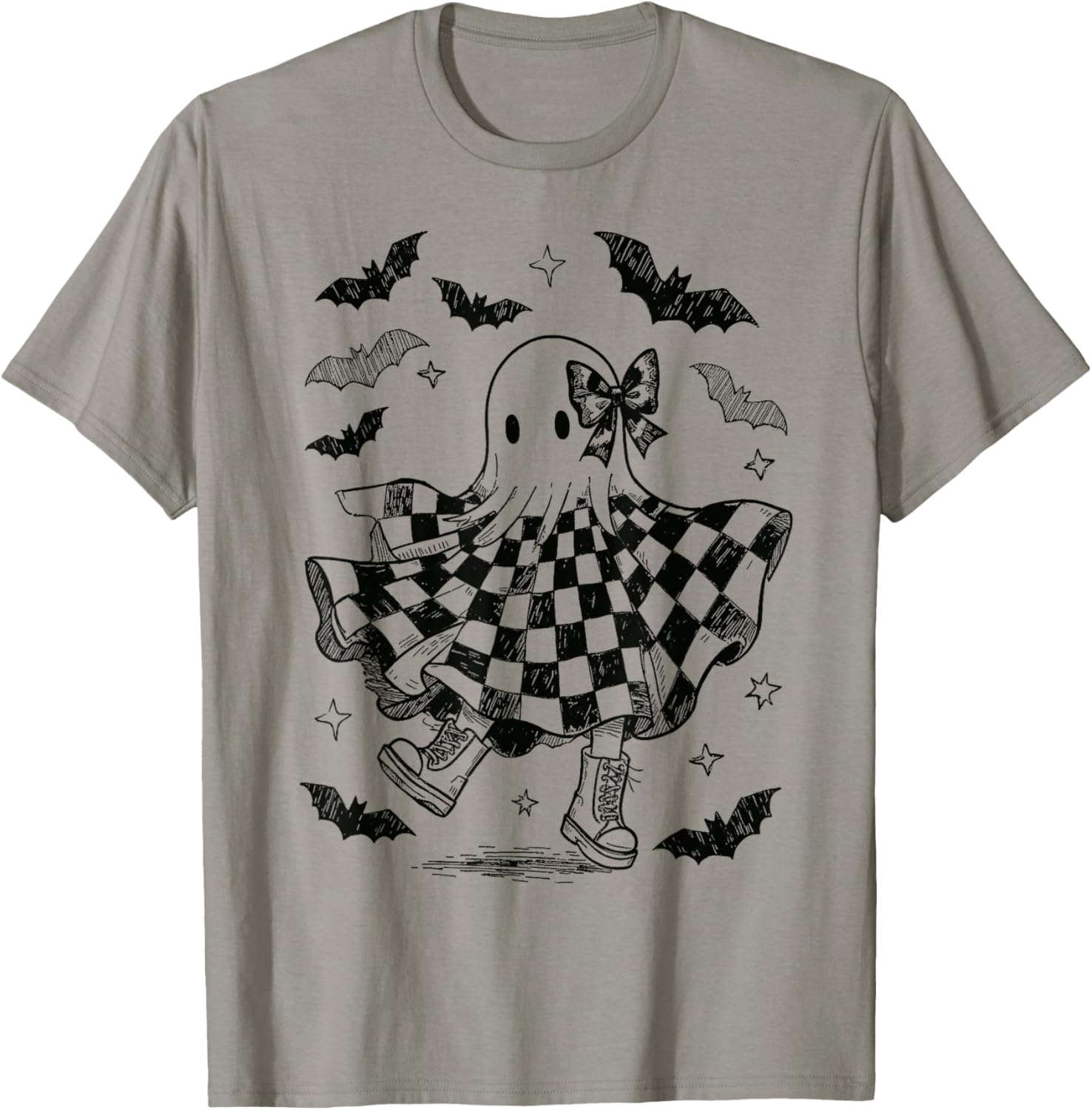 Checkered Boo Ghost Halloween Coquette Bow Spooky Season T-Shirt
