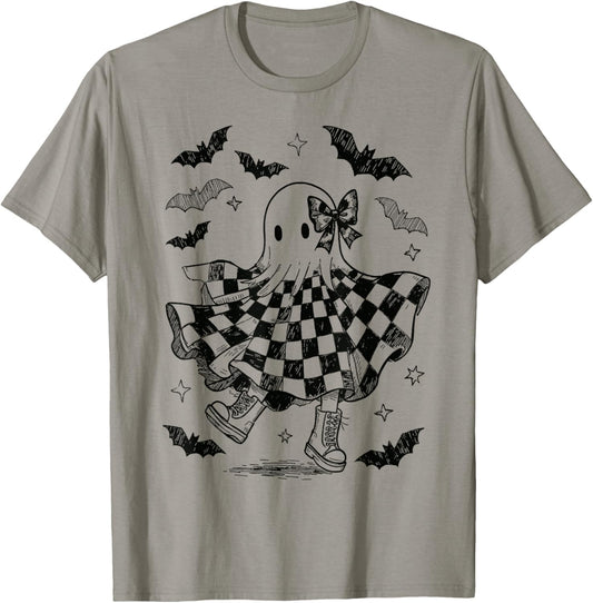 Checkered Boo Ghost Halloween Coquette Bow Spooky Season T-Shirt