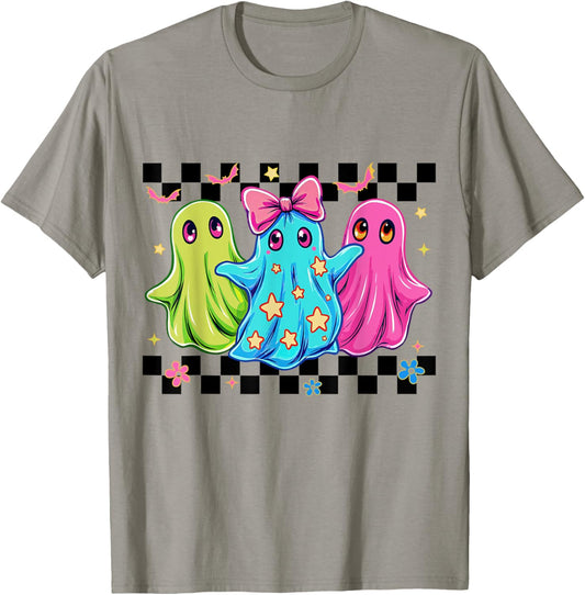 Checkered Ghost Halloween Coquette Bow Spooky Season Girls T-Shirt