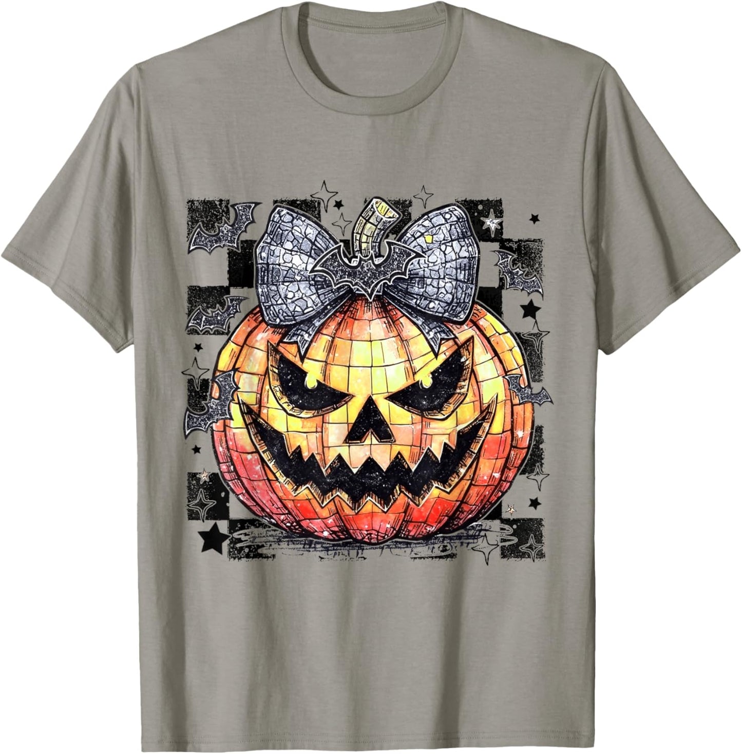 Checkered Fall Pumpkin Halloween Coquette Bow Spooky Season T-Shirt