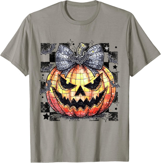 Checkered Fall Pumpkin Halloween Coquette Bow Spooky Season T-Shirt