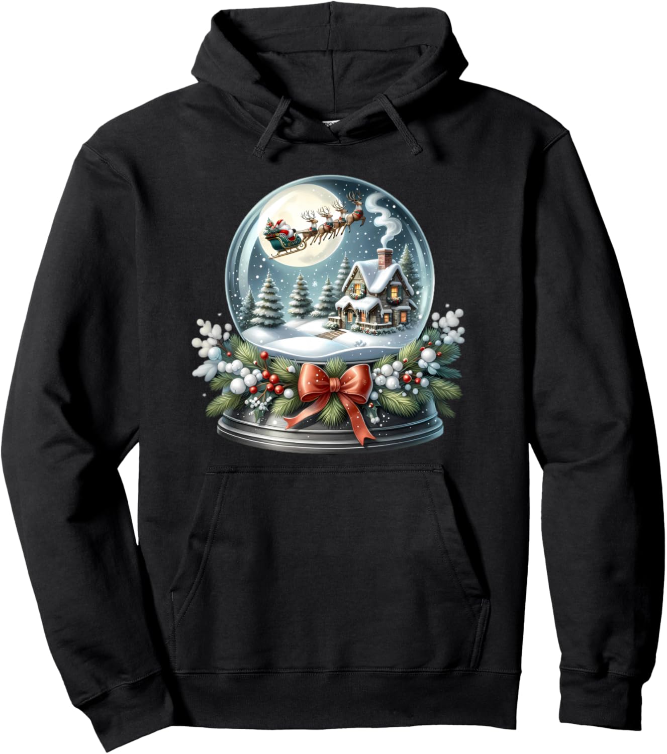 Santa Sleigh Over Cozy Snow Globe Scene Pullover Hoodie