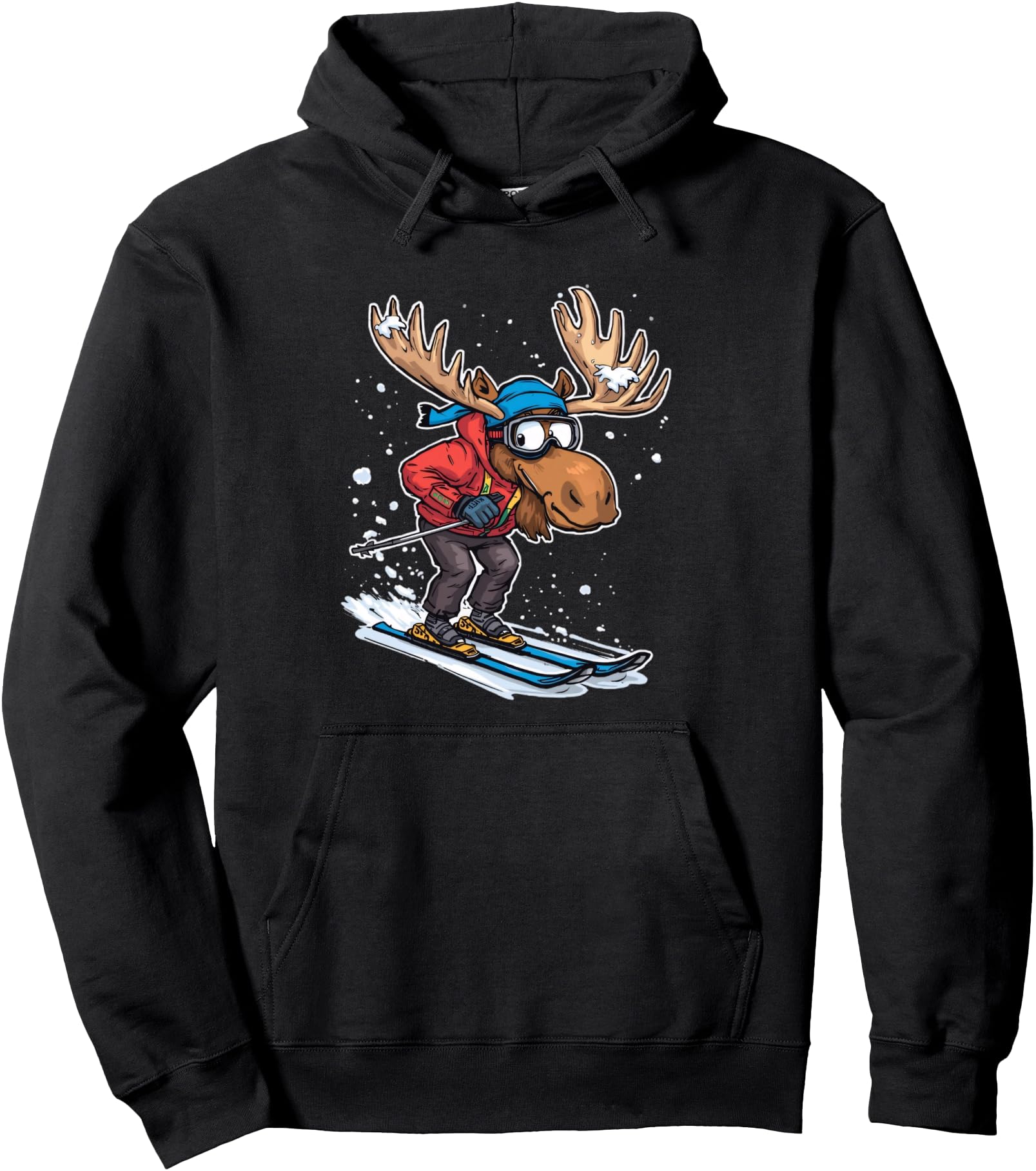 Cartoon Moose Skiing in Winter Outfit Illustration Pullover Hoodie
