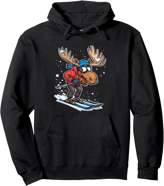 Cartoon Moose Skiing in Winter Outfit Illustration Pullover Hoodie