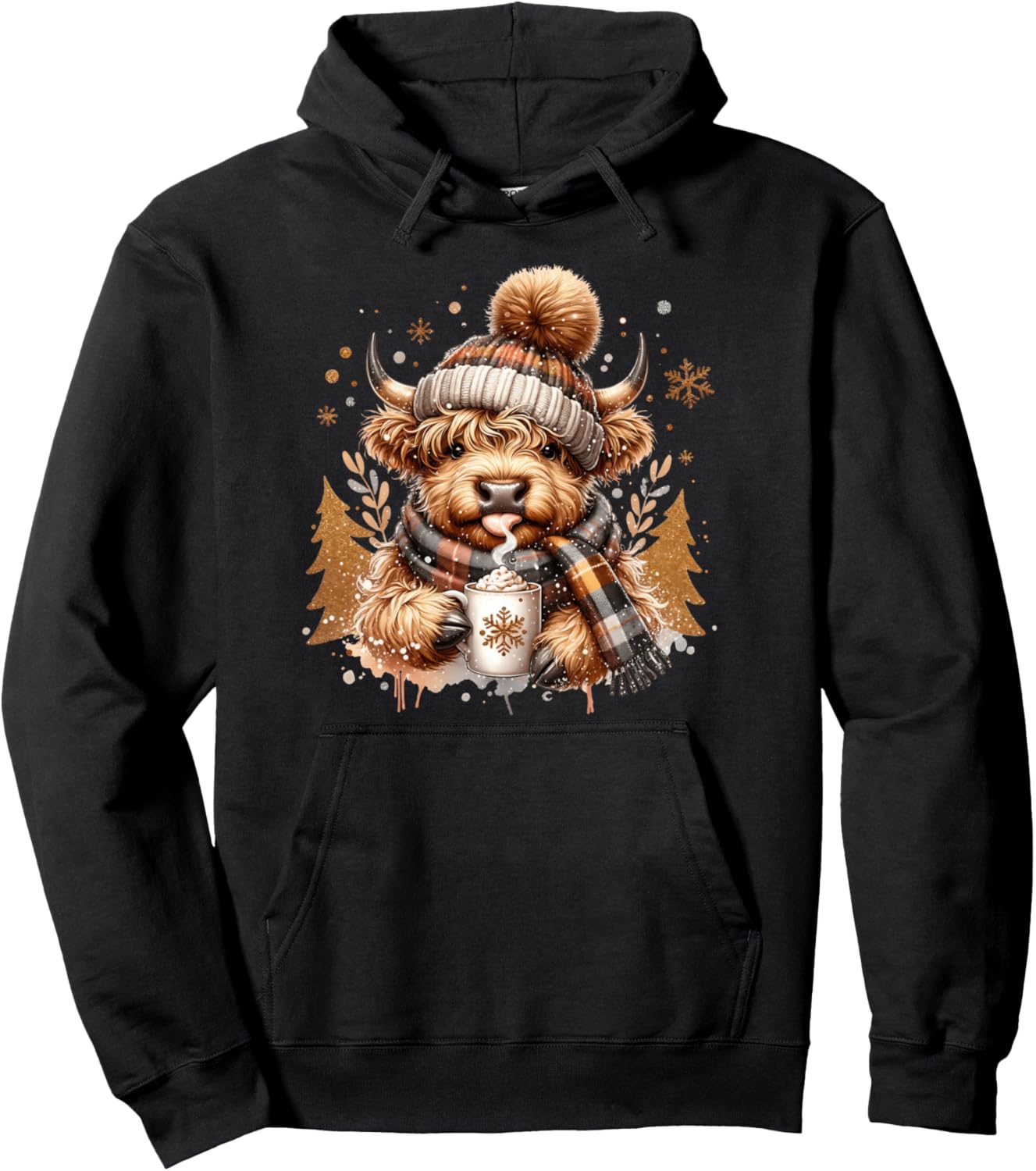 Highland Cow Christmas Winter Cozy Hot Cocoa Winter Cow Pullover Hoodie