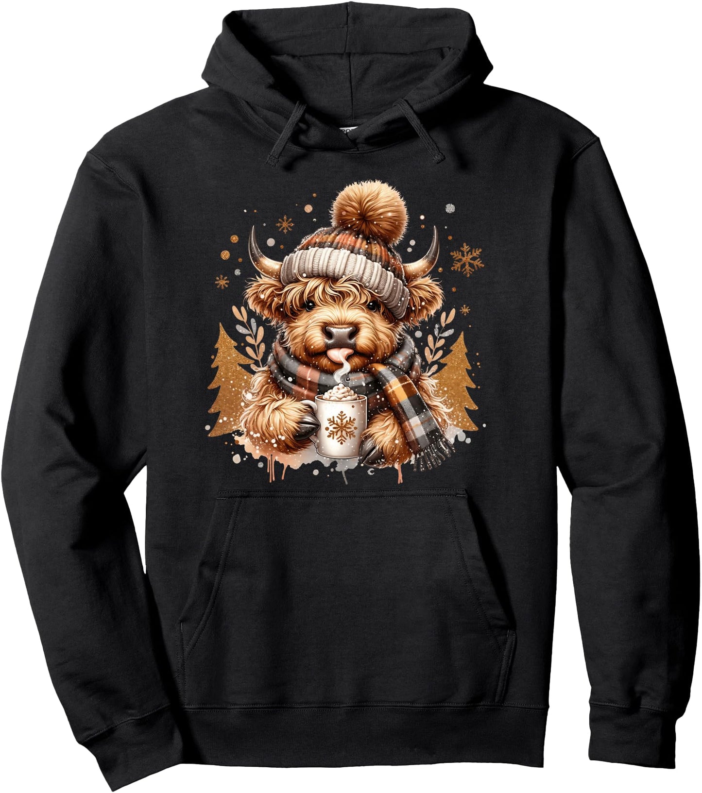 Highland Cow Christmas Winter Cozy Hot Cocoa Winter Cow Pullover Hoodie