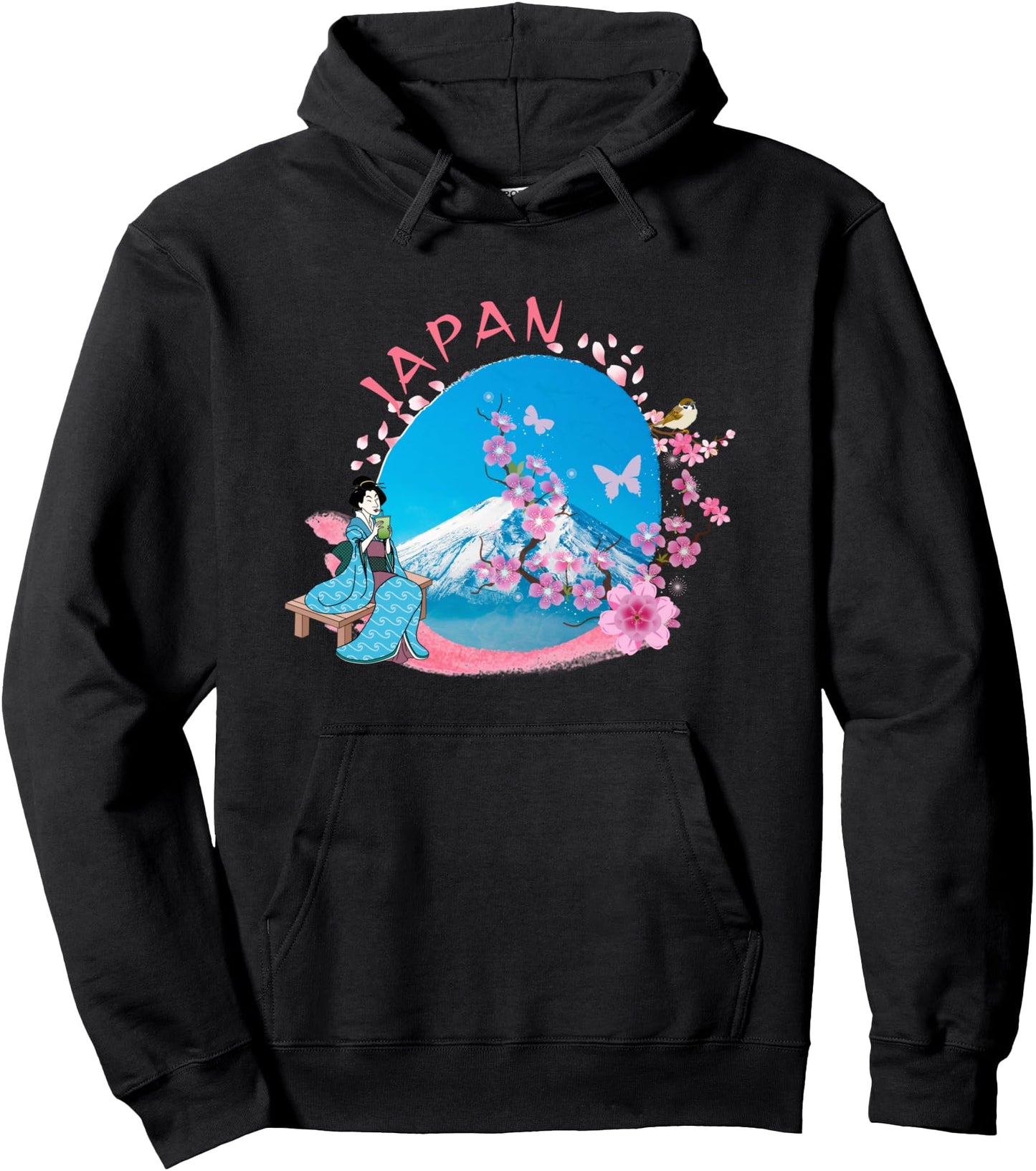Japan Volcano Blue Lake Pink Cherry Blossom Japanese Geisha Pullover Hoodie