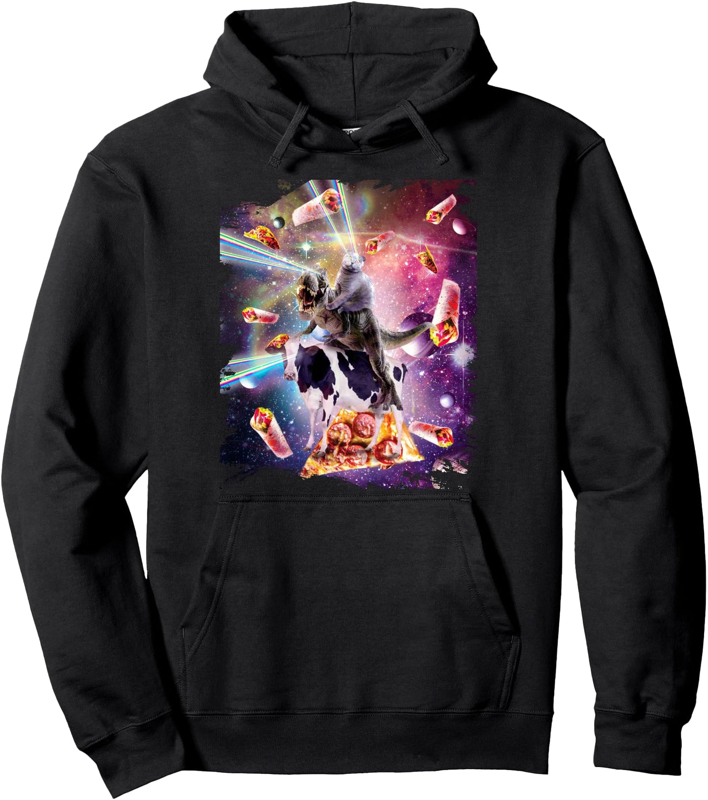 Laser Eye Space Cat on Dinosaur Cow - Rainbow Pullover Hoodie