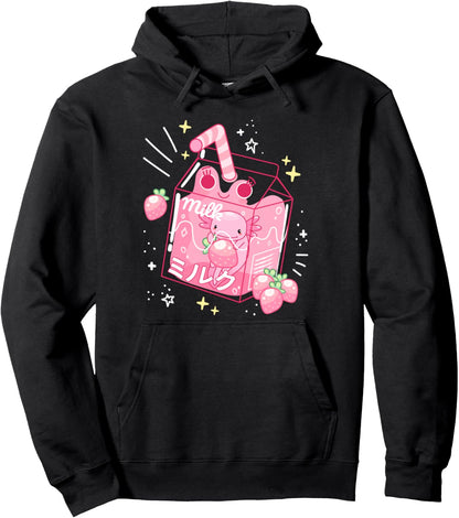 Funny Kawaii Axolotl Pastel Goth Strawberry Milk Shake Anime Pullover Hoodie