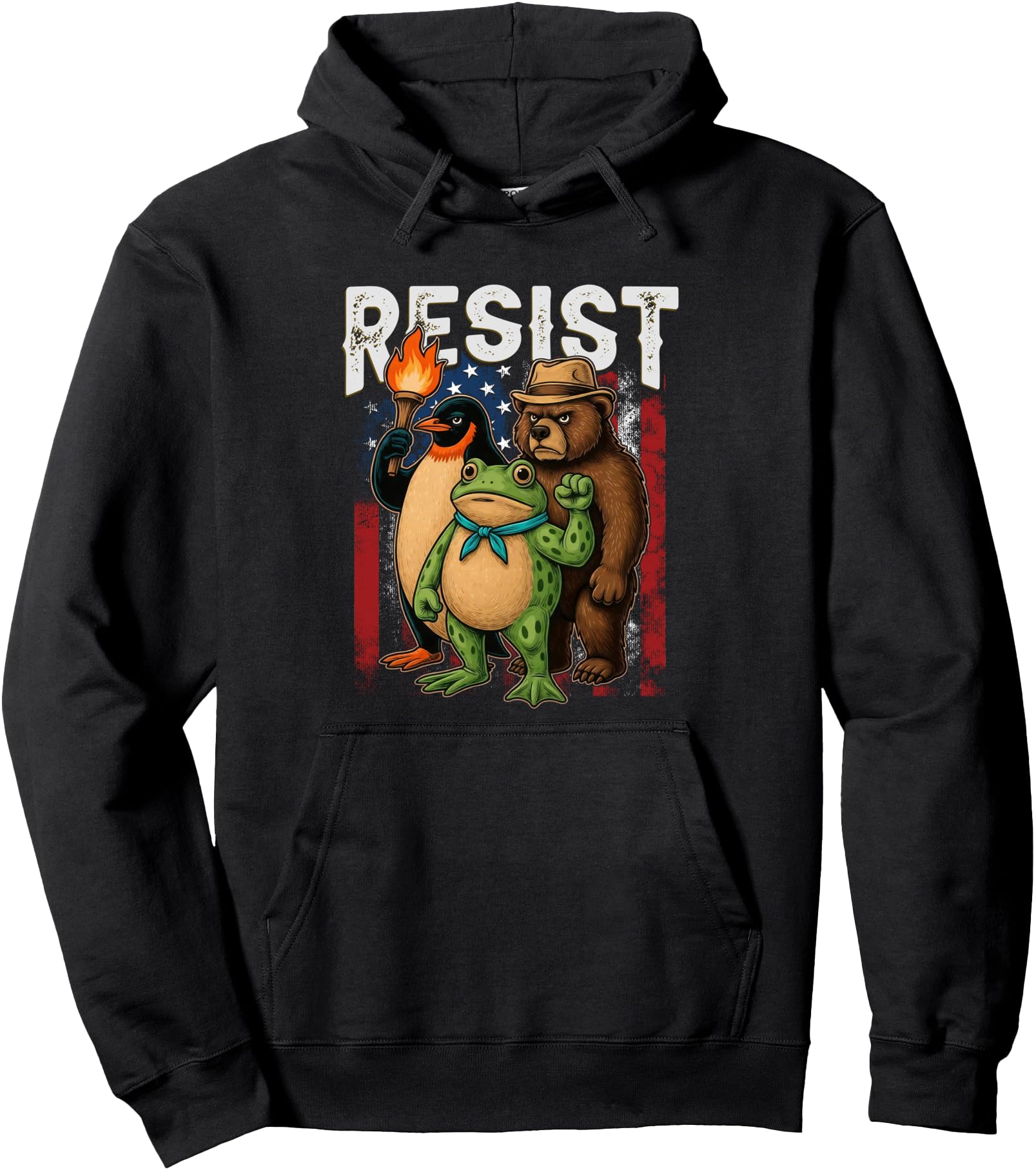 Penguin Frog Bear Resist Protest Against Tariffs Pullover Hoodie