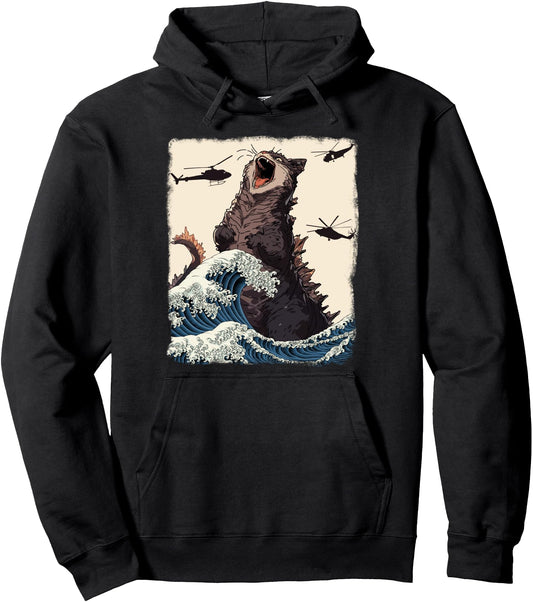 Catzilla japanese wave vintage Sunset funny Cat Art Pullover Hoodie