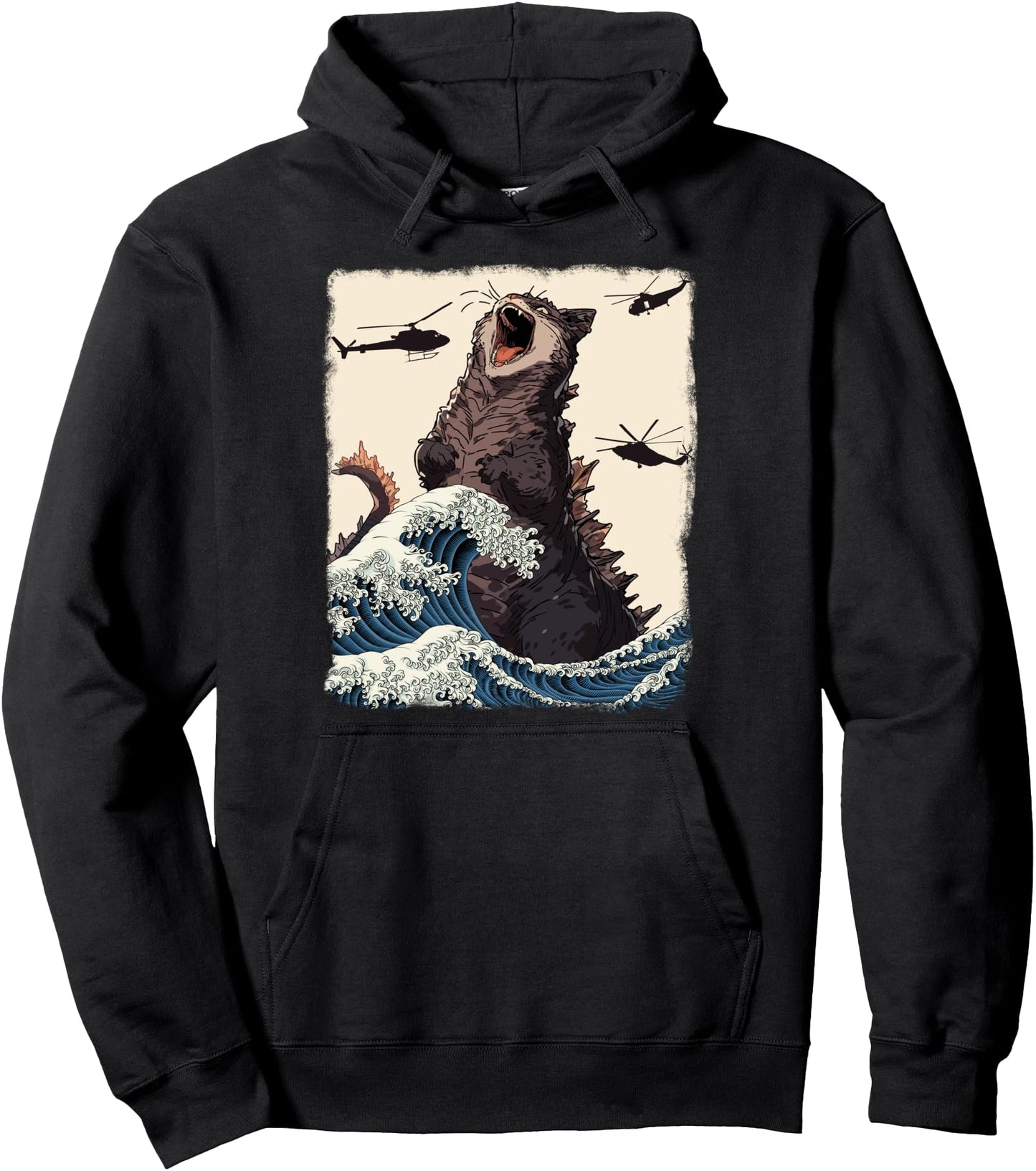 Catzilla japanese wave vintage Sunset funny Cat Art Pullover Hoodie