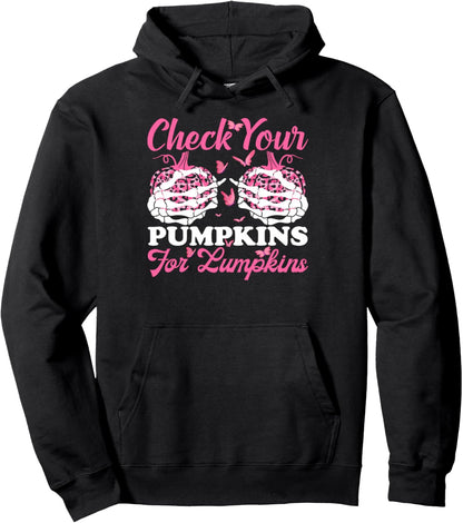 Check Your Pumpkins Breast Cancer Awareness Halloween Women Pullover Hoodie