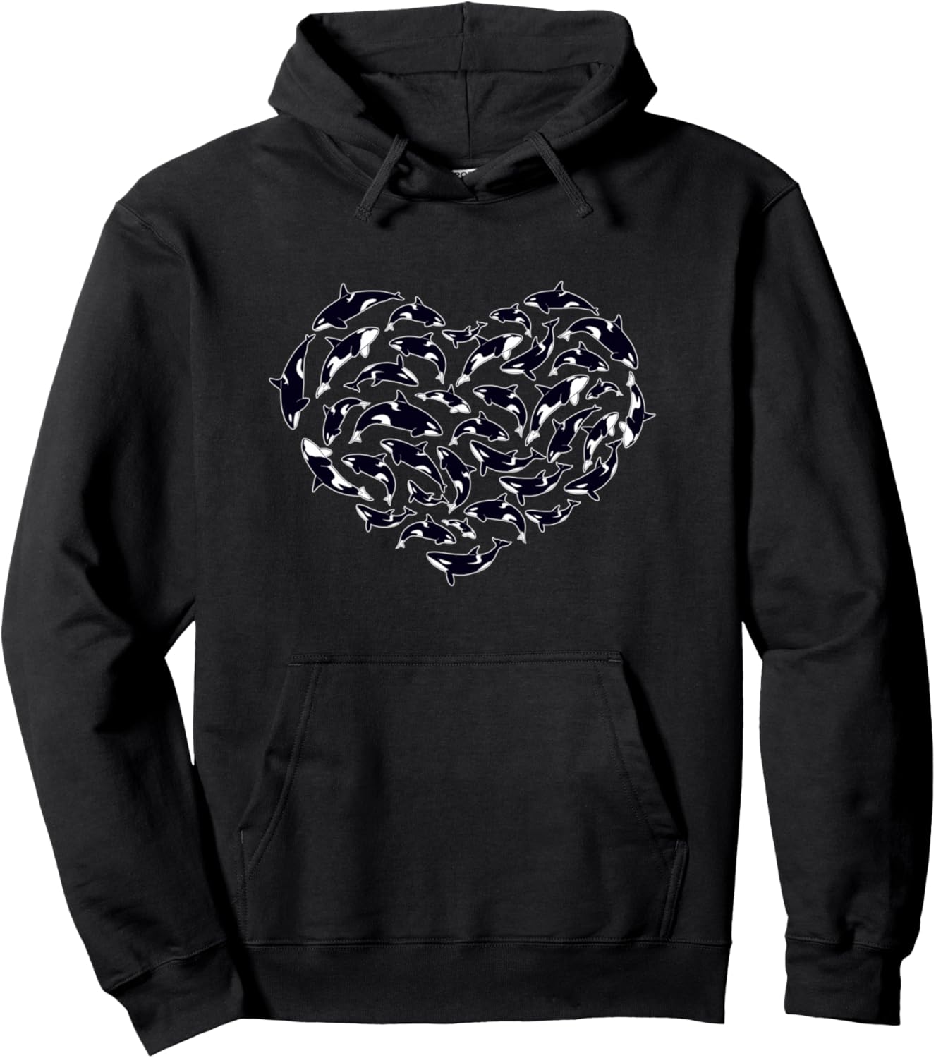 Killer Whale Watching Lovers Unisex-Adult Black Animal Print Orca Whales Heart Pullover Hoodie