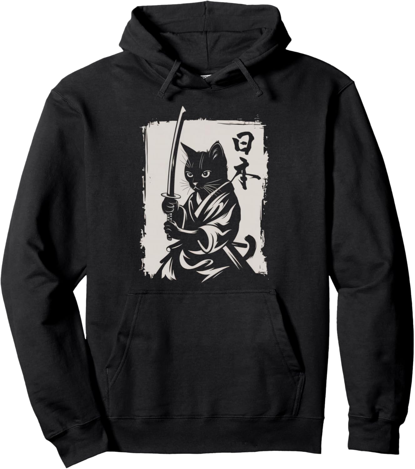 Samurai Cat Vintage Ukiyo-e Warrior Kanji Japan Anime Ink Pullover Hoodie