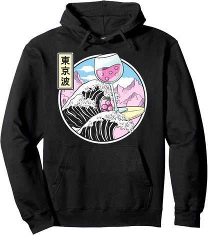 Surfing Wine Glass On Kanagawa Wave Kawaii Vaporwave Anime Pullover Hoodie